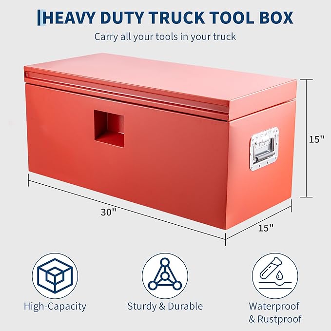Heavy Duty Steel Truck Toolbox – 76x38x38cm – Gas Shock Lid – t-Handle Lock – Weatherproof Rubber Seal – Secure Underbody Storage Chest – Fits Pickup, Truck Bed, RV, Trailer