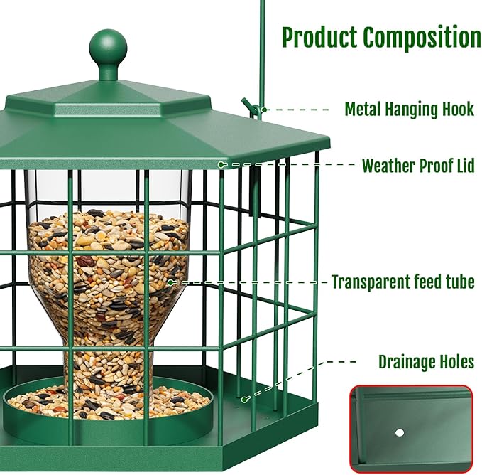 Birdream Squirrel Proof Bird Feeders for Outdoor Hanging, Metal Cage Bird Feeder with Rain Proof Covered for Wildbirds Bluebird Finches, Green