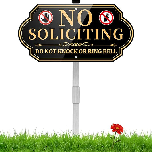 No Soliciting Sign for House, No Soliciting Yard Signs for Front Door Home, Aluminum Metal No Solicitation Sign 14 x 7 inches, with 28 inches Stake, Do Not Knock or Ring Bell