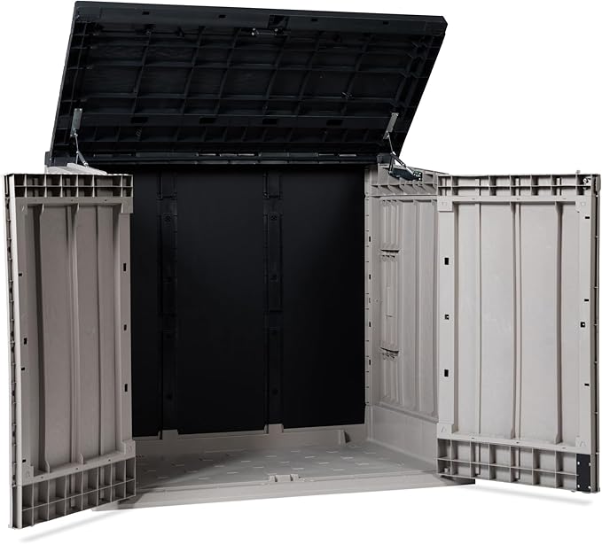Toomax Stora Way All Weather Outdoor XL Horizontal Storage Shed Cabinet for Trash Can, Garden Tools, and Yard Equipment, Taupe Gray and Anthracite
