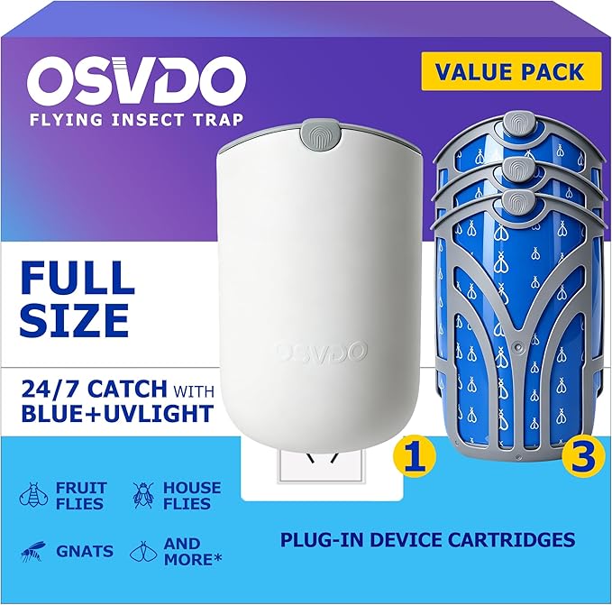 Flying Insect Trap with 3 Refill Cartridges Set,Plug-in Fly Trap Indoor | Fruit Fly Traps for Indoors - Bug Catcher for Gnats, House Flies, Fruit Flies and Moths, Blue UV Light, Mess-Free