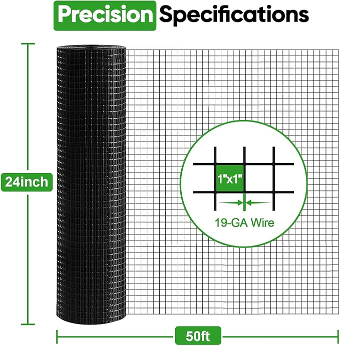 Black Hardware Cloth 24in x 50ft – 19 Gauge Vinyl Coated Steel Wire Mesh Roll, 1" Square Welded Fence for Chicken Coop, Garden Barrier, Animal Control, Outdoor Pet Enclosure, Rodent Proofing