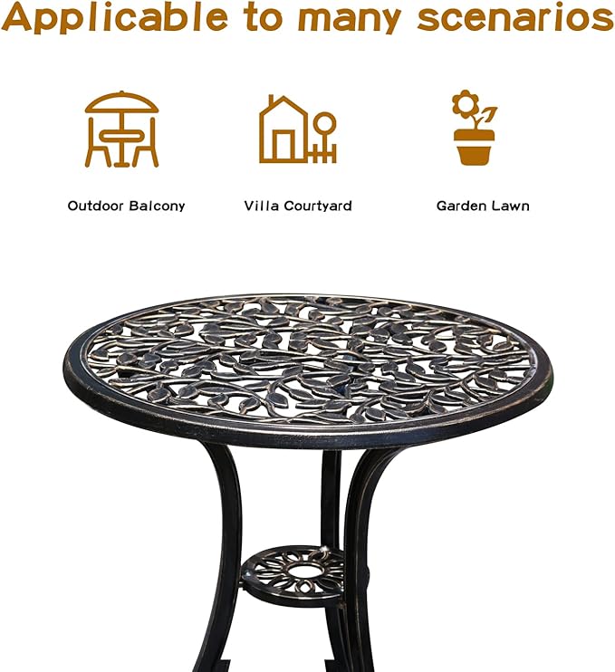 JARDIN DE CENTENNIAL Patio Bistro Set.Rust-Resistant Cast Aluminum Bistro Table Set with Umbrella Hole for Backyard (Leaf DESIGNCOPPER)