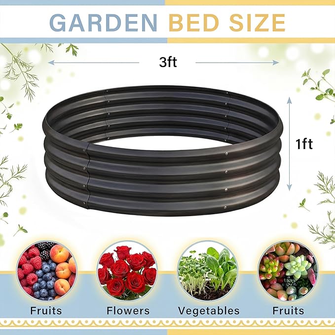Land Guard 3×3×1ft Galvanized Raised Garden Bed Kit, Round Galvanized Planter Raised Garden Boxes Outdoor, Large Metal Raised Garden Beds for Vegetables, Grey