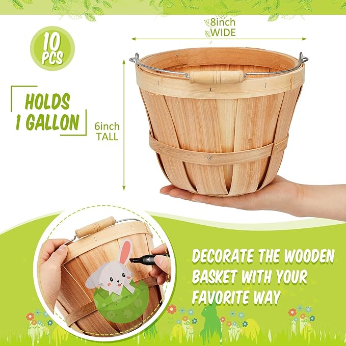 Marsui 16 Pcs Round Wooden Berry Baskets Small Bushel with Handles for Gifts Empty Basket Fruit Buckets for Picking Strawberry Fruits Flowers Crafts Home Wedding (Natural Wood)