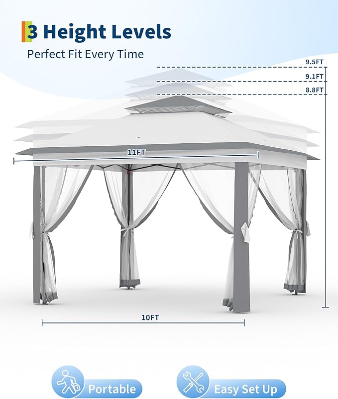 GarveeLife 11'x11 Pop-Up Gazebo, Instant Outdoor Canopy Tent with Mosquito Nettings, Durable Steel Frame, Water, and UV Proof, for Patio, Garden, Courtyard, Party (Grey)