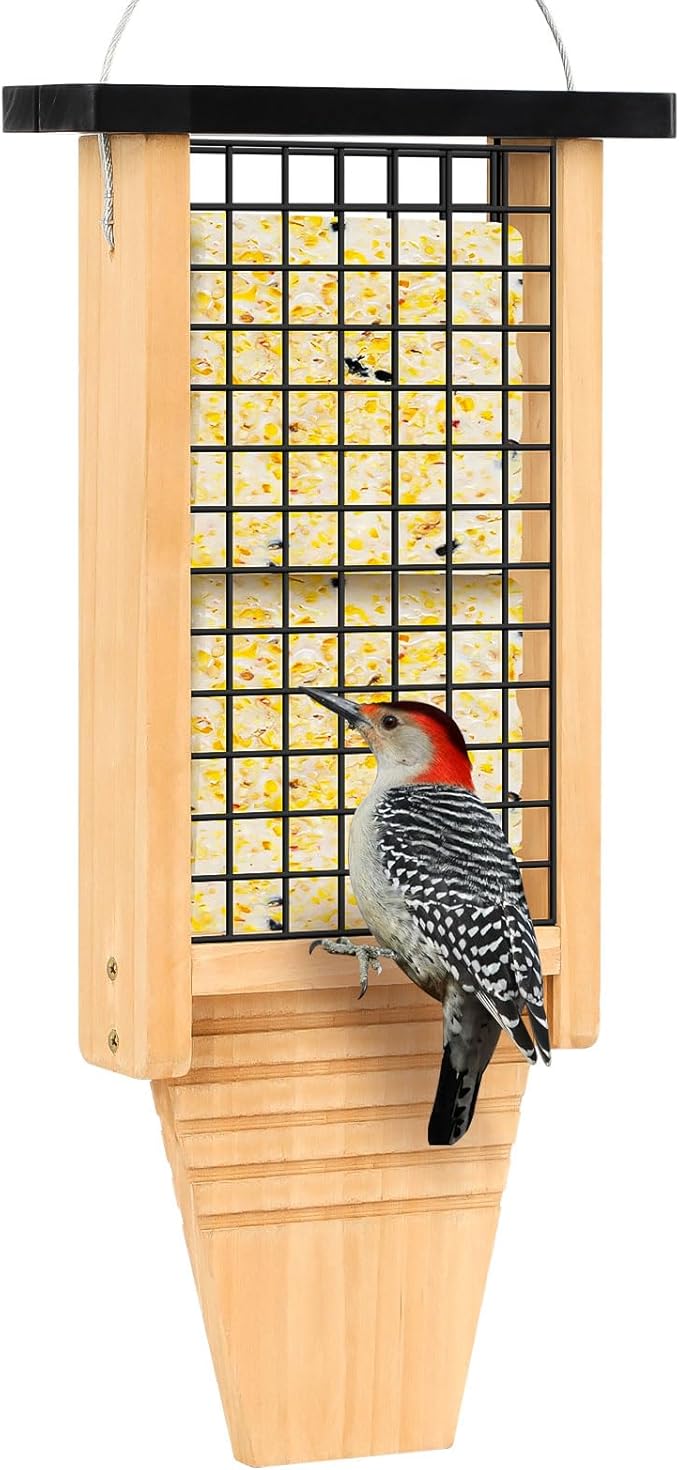 Gbekery Wooden Suet Bird Feeder for Outside Hanging, Large Woodpecker Suet Feeder with Tail Prop, Double Suet Cakes Hanging Bird Feeder for Wild Birds, 1 Pack, Black