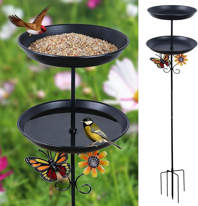 hogardeck 2-in-1 Vintage Freestanding Bird Bath & Feeder, Double Metal Layers Birdbath with Upgraded 5-Pronged Sturdy Base, Outdoor Decor for Garden Patio Yard Lawn, Black