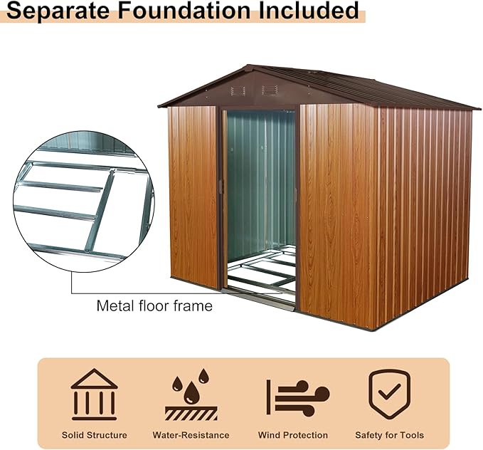 YOPTO 8x6 FT Outdoor Storage Shed,Metal Shed with Floor,Garden Shed W/ 4 Air Vents & Lockable Sliding Door,All Weather Waterproof Tool House W/Sloped Roof,for Backyard,Patio,Lawn,Coffee