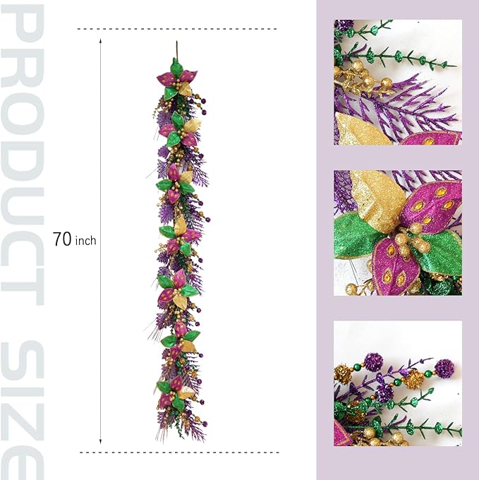 70 Inch Mardi Gras Glitter Garland, Purple Gold Green Poinsettia Flower Garland with Balls for Mantel, Door, Walls, Carnival Indoor Outdoor Home Decor