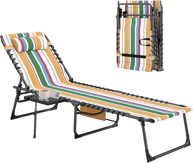 Outsunny Folding Chaise Lounge Chair Outdoor Tanning Chair with Side Table, 5-Level Adjustable Beach Lounge Chair with Headrest, Side Pocket for Patio, Backyard, Beach, Poolside, Mixed Color