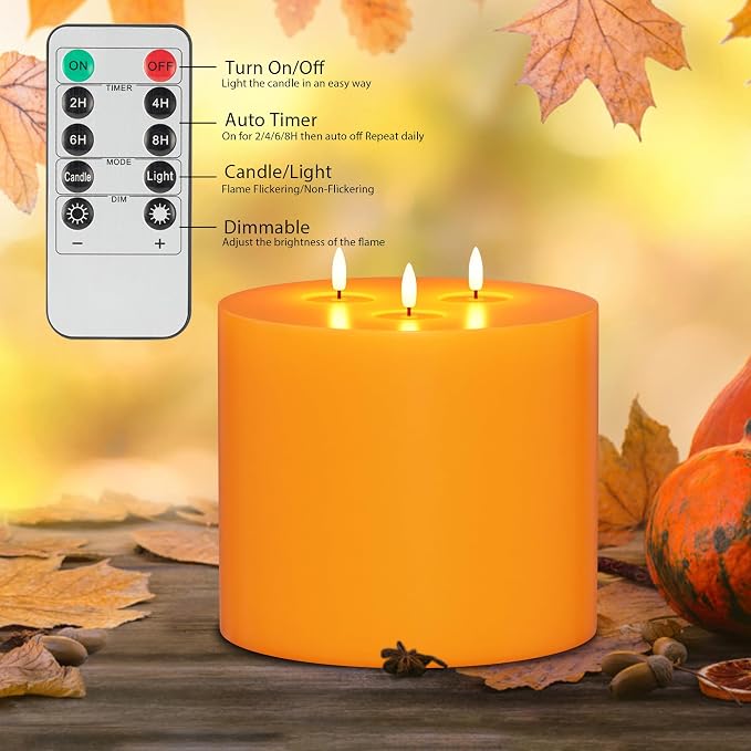 Orange Extra Large Flameless Candle 6"x6" 3 Wick Battery Operated Real Wax Pillar with Remote & Timer Flickering Flame LED Candle Orange for Halloween, Christmas Home Decor