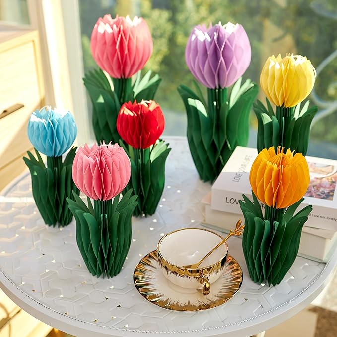 OBBOLO 12 Pcs Tulip Honeycomb Decorations, Spring Decorations for Office, Spring Table Decor, Tulip Party Decorations, Spring Centerpieces for Tables for Mothers Day Spring Party, Womens Day