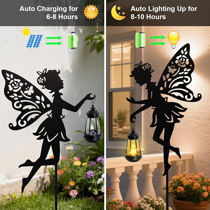 Solar Fairy Garden Lights Outdoor, 2 Pack Hanging Lantern Fairy Stakes with LED Warm Glow, Waterproof Metal Silhouette Yard Decor for Patio Lawn Pathway, Garden Gifts for Women Mom