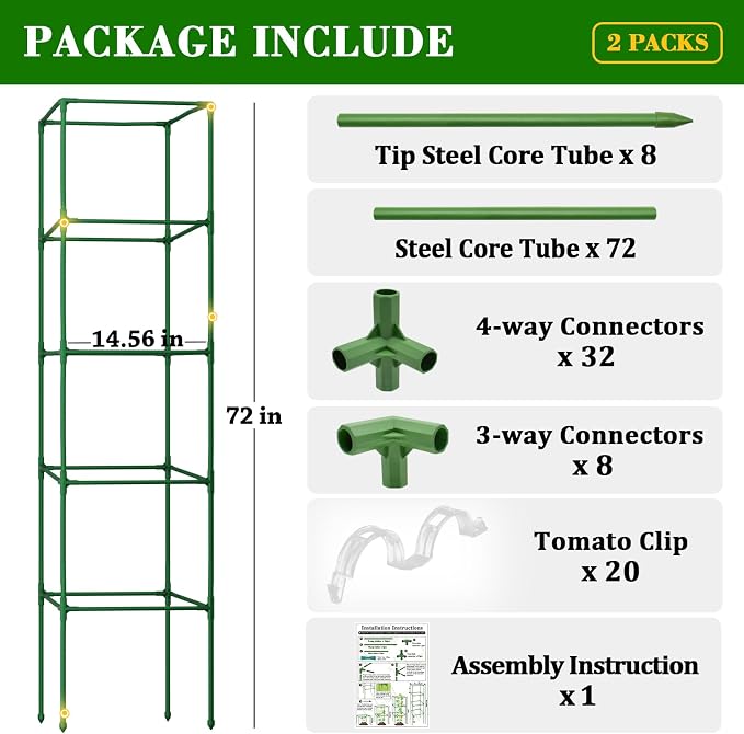 ZeeDix 72 Inches Heavy Duty Tomato Cages, 2 Pack Square Adjustable Tomato Trellis with 40Pcs Clips, Extra Tall Plant Support Stakes for Climbing Vegetables, Flowers, Raised Garden Bed & Pots