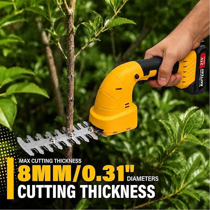 2-in-1 Cordless Hedge Trimmer & Grass Shear, 21V, Yellow | Lightweight Handheld, Small Yard Lawn Edging, Easy One-Hand Pruning for Women & Seniors, 2 Batteries & Charger