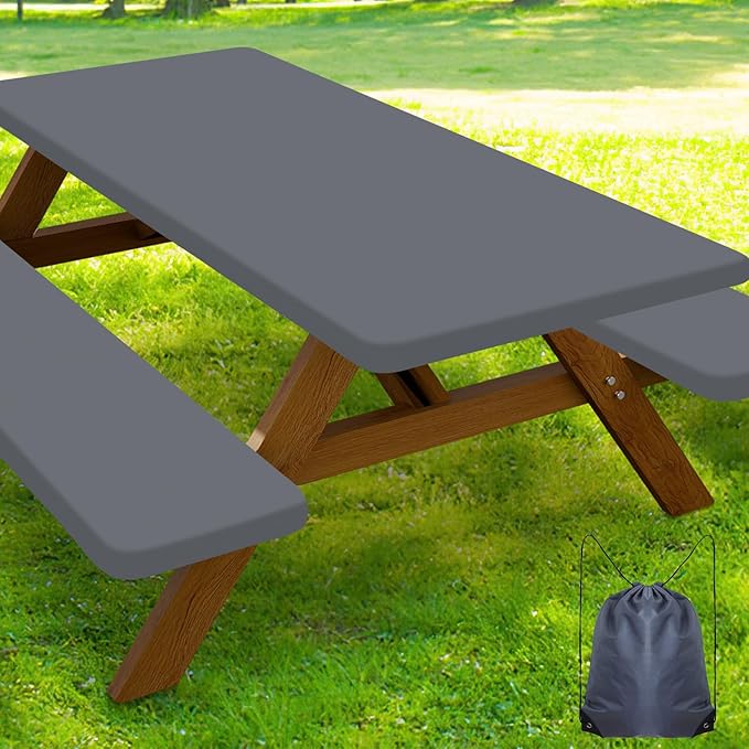 Smiry Picnic Table Cover with Bench Covers, Waterproof Elastic Fitted Polyester Tablecloths for 5 Ft Rectangle Tables, Washable Windproof Tablecloth for Camping, RV & Outdoor (Grey, 30x60 Inches)