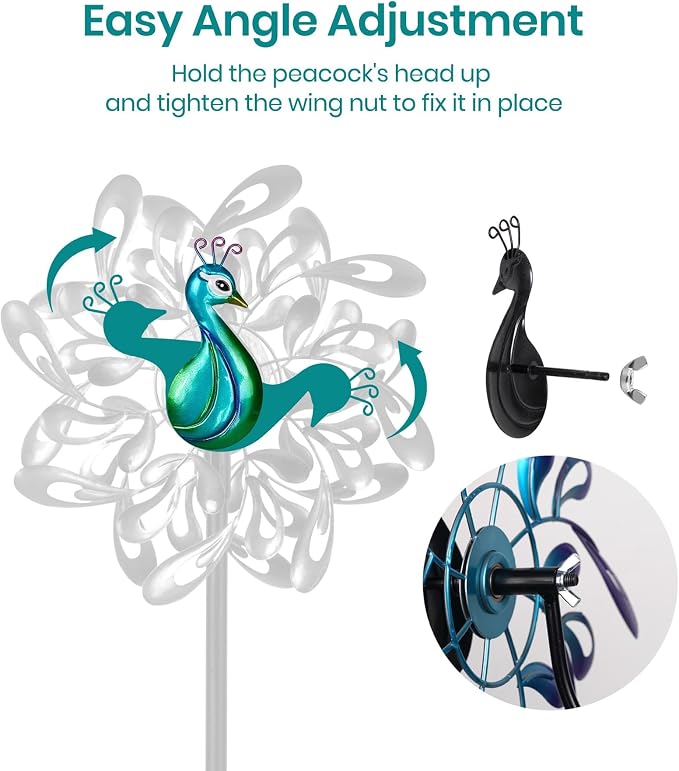 Peacock Wind Spinner Metal Kinetic Turquoise Green Garden Yard Art | Hand-Crafted, Shimmering turquoise metal peacock sculpture, Auto-glow solar crackle ball, Stable 5-prong stake