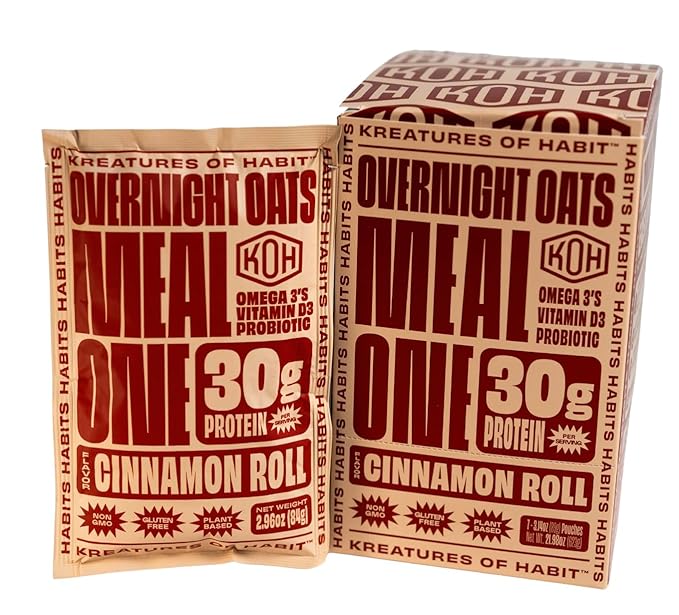 Kreatures of Habit MEAL ONE | Overnight & Instant Superfood Protein Meal Replacement | Gluten Free, Dairy Free, 30g of Plant Based Protein, With No Added Sugar (7 Pack, Limited Edition Flavor, Cinnamon Roll)
