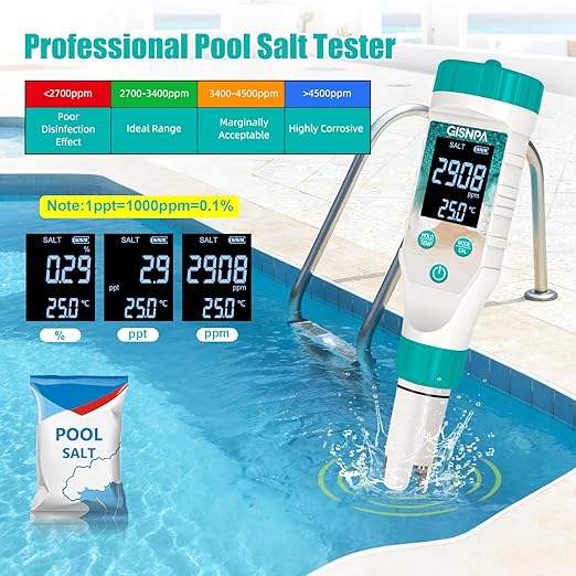 Digital Pool Water Tester, Chlorine Tester & Pool Salt Tester, Pool pH Tester 7 in 1 FAC Digital Salinity Tester for Saltwater Aquarium Sodium Chloride Swimming Pools Hot Tubs Spas