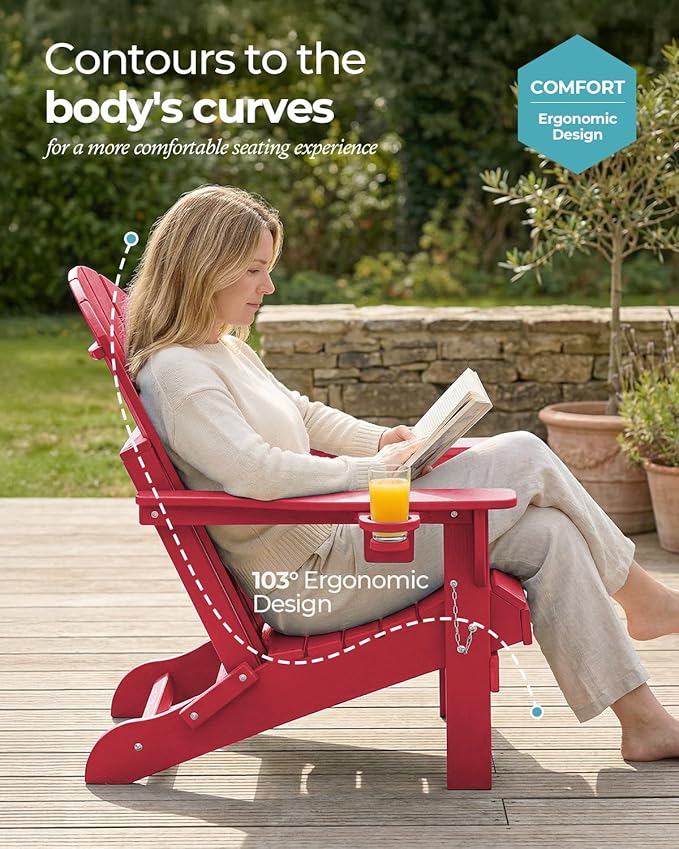 Ciokea Folding Adirondack Chair Wood Texture, Patio Adirondack Chair Weather Resistant, Plastic Fire Pit Chair with Cup Holder, Lawn Chair for Outdoor Porch Garden Backyard Deck (Red)
