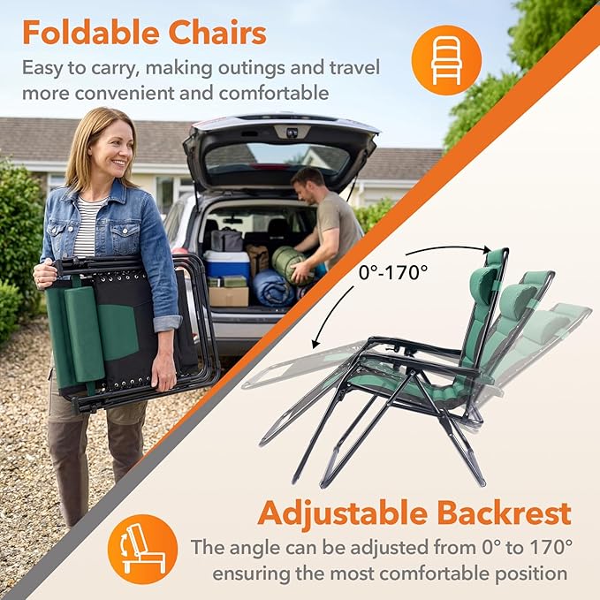 Sweetcrispy Zero Gravity Chairs, Foldable Patio Reclining Chairs with Adjustable Pillow & Cup Holder, Oversized Portable Support 400 lbs, for Backyard Camping(Black-Green)