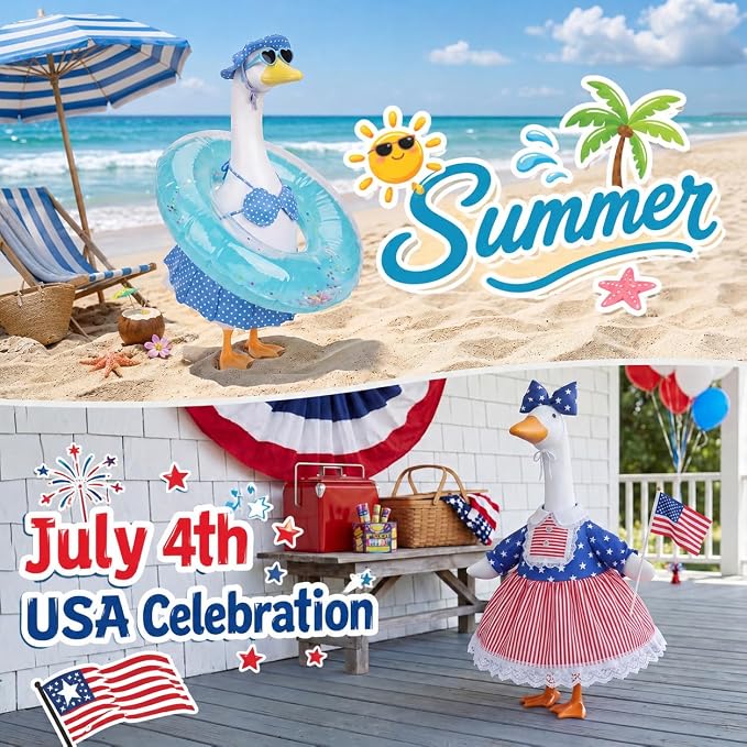8 Sets Porch Goose Outfits Clothes All Seasons Bundle for Summer Houston Rodeo Spring Easter 4th of July Fall Halloween Christmas Decoration for 23 inch Porch Goose Lawn Yard Decor