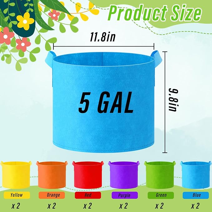 Ziliny 12 Pcs Multicolor Plant Grow Bags Large Grow Bags Fabric Planter Thickened Non Woven Fabric Pots with Handles for Indoor Outdoor Garden Planting Seeds Flower, 6 Colors (5 Gallon)