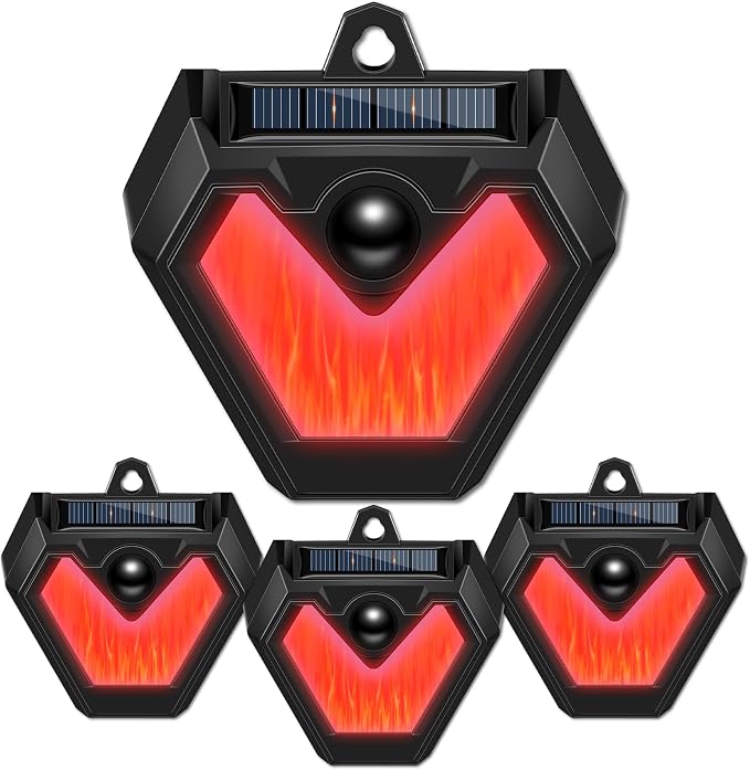 Qualirey 4 Pcs Upgraded Solar Nocturnal Animal Repeller Flickering Flame Outdoor Animal Repellent Motion Activated Coyote Deterrent Light for Skunk Deer Chicken Coop Farm Garden Yard(Red Light)