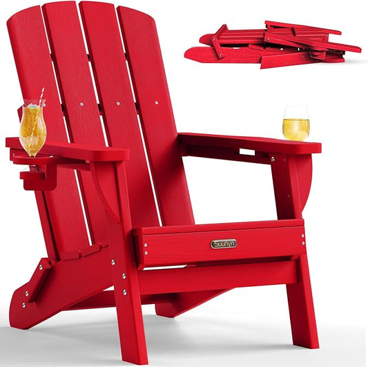 Folding Adirondack Chair, HDPE Adirondack Chairs with 2 Cup Holder, Plastic All-Weather Fire Pit Chairs, Outdoor Lawn Chair for Patio Garden (Red)