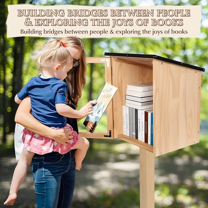 FAHKNS Little Library Box Outdoor, Waterproof Outdoor Library Book Box, Little Wood Cabinet for Sharing Books, Art Literature and Newspapers with Neighborhoods, Community and Schools