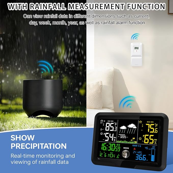 Digital Wireless Rain Gauge Outdoor, Home Weather Station Wireless Indoor Outdoor with Self-Emptying Rain Gauge, Thermometer, Barometer, Hygrometer, Atomic Clock, Weather Forecast and Alerts