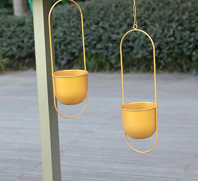 Cornasee 5.5" Gold Metal Hanging Planter for Home Decor/Fence/Balcony/Window,1-Pack Railing Planters Vintage Flower Pot with Detachable Hooks for Herb,Cactus