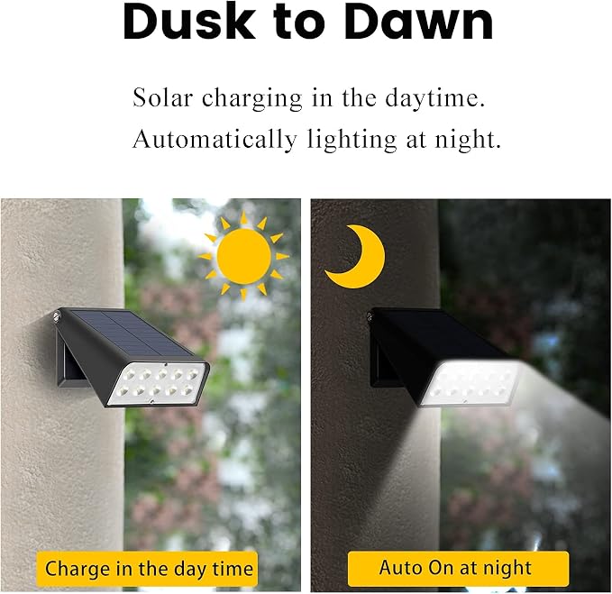 Patio Wall Light Solar Powered, Dusk-to-Dawn Deck Lights, 2-Mode 90° Rotatable, Outdoor Security Lights Waterproof, Solar Spotlight for Porch, Garage, Fence, 2-Pack