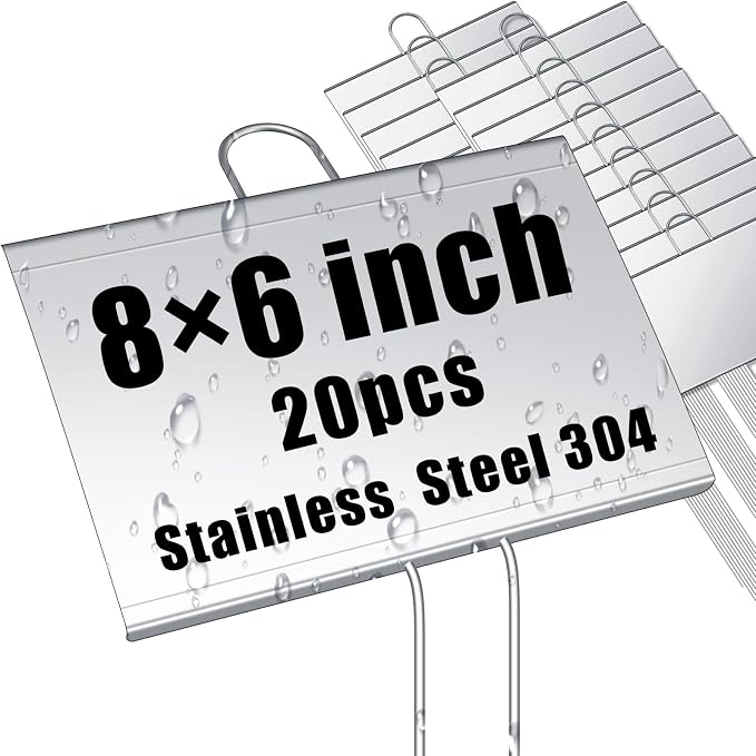 Landhoow 20 Pcs Large Garden Plant Markers Metal Plant Labels Sign 6'' x 8'' with 13'' Stake Weatherproof Waterproof Garden Sign for Outdoor Seedlings Herbs Vegetable Greenhouse, Silver