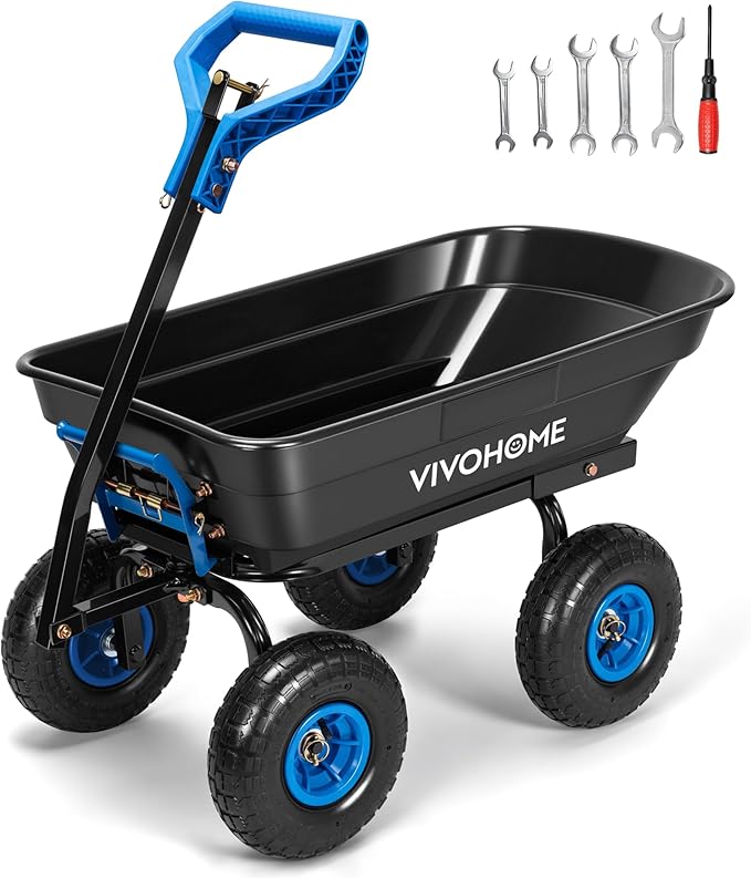 VIVOHOME 4 Cu.Ft 660lbs Wheelbarrow Garden Cart Dump Wagon with 2-in-1 Convertible Handle Attach to ATV or Tractor, 10" All Terrain Wheels, Quick Release Heavy Duty Utility Trailer for Yard-Blue