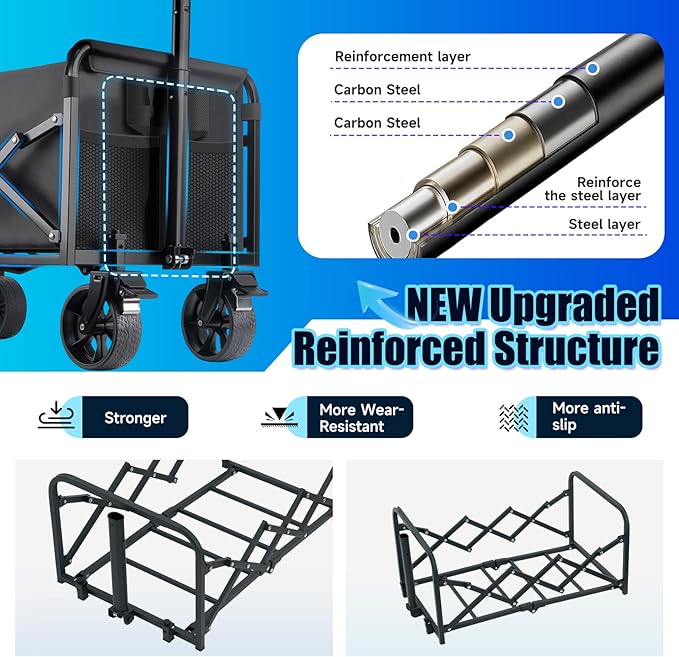 Collapsible Wagon Cart Foldable with Wheels - 280LBS Large Heavy Duty Folding Utility Wagon with All-Terrain Wheels & Brakes for Shopping Garden Beach Camping, 2 Drink Holders/Lightweight/Black
