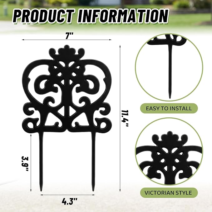 8 Pcs Iron Sheet Decorative Garden Border Edging, 11.4" x 7'' Small Metal Flower Bed Edging Landscape Border Mini Vintage Garden Fence for Outdoor Yard Patio Lawn (Rustic,Black)
