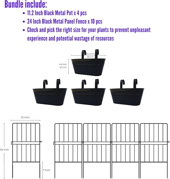 LaLaGreen Bundle- 4 Pack, 11.2 Inch Black Metal Pot + 10 Pack, 24 Inch Garden Fence Rustproof Landscape No Dig Edging Hanging Flower Pot Bucket Fence Rail Deck Window Box Plant Holder with Hook Decor