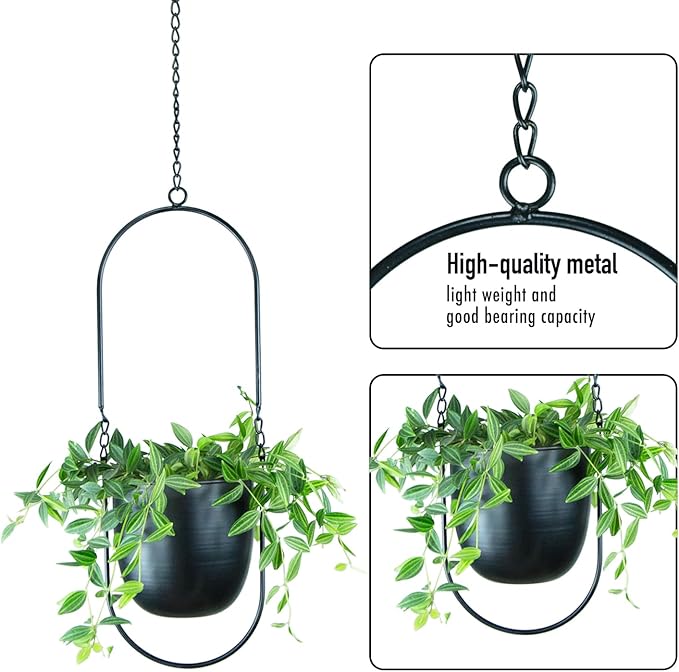 Modern Metal Hanging Planters with 6 Inch Pots and Sleek Chains - Set of 2 Oval Geometric Plant Hangers - Black Wall and Ceiling Mount Flower Holders for Indoor Décor
