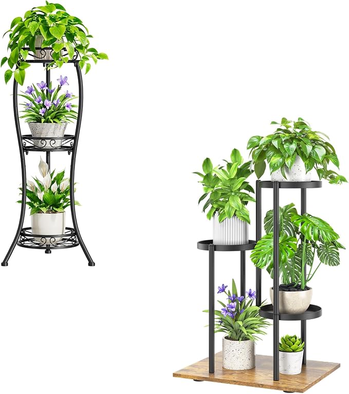 iDavosic.ly 3 Tier Plant Stand for Indoor Outdoor Set of 2, 34 Inch Vertical Flower Pot Display Holder Shelf and Metal Tall Corner Orchid Rack for House Patio Balcony Garden Living Room Porch, Black