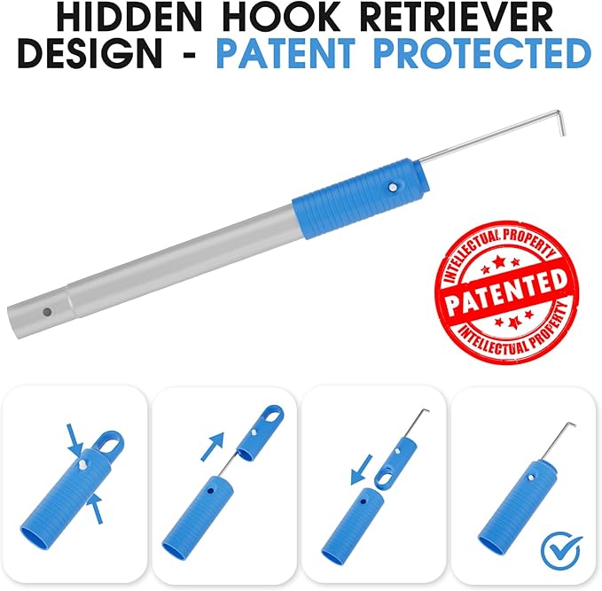 Upgraded Pool Brush Set - 20’’ 2-in-1 Heavy Duty Detachable Round Brush with Extra Side Brush for Cleaning Hard-to-Reach Corners, 9 FT Aluminum Extended Pool Pole with Hidden Hook Retriever
