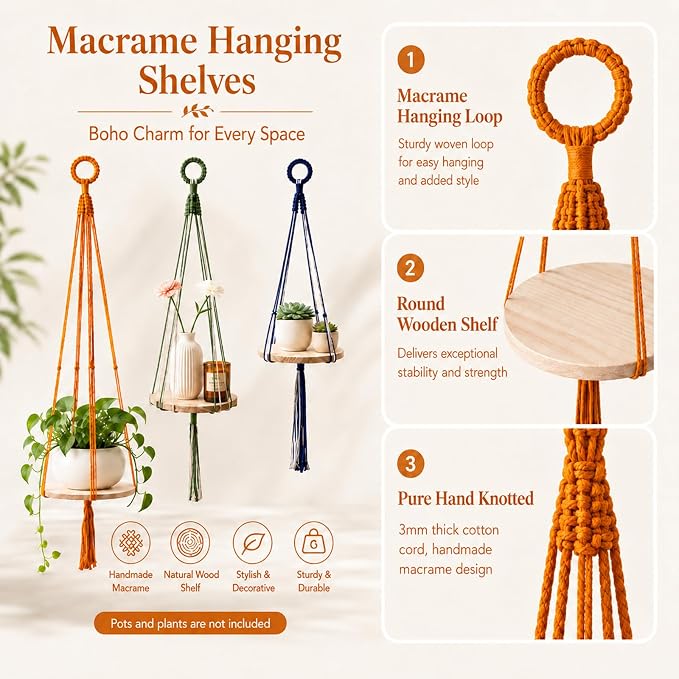 Artilady 3 Pack Hanging Planter with Wood Shelf, Macrame Plant Hanger for Indoor Boho Plants Basket Holder for Window Balcony Kitchen