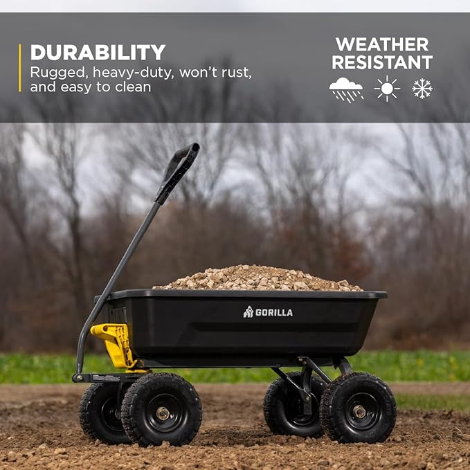 Gorilla Carts Heavy-Duty Dump Cart, Patented Quick-Release Dumping, Steel Frame, 600 lb Capacity, No-Flat 10-Inch Tires, Utility Wagon for Garden, Yard, Beach