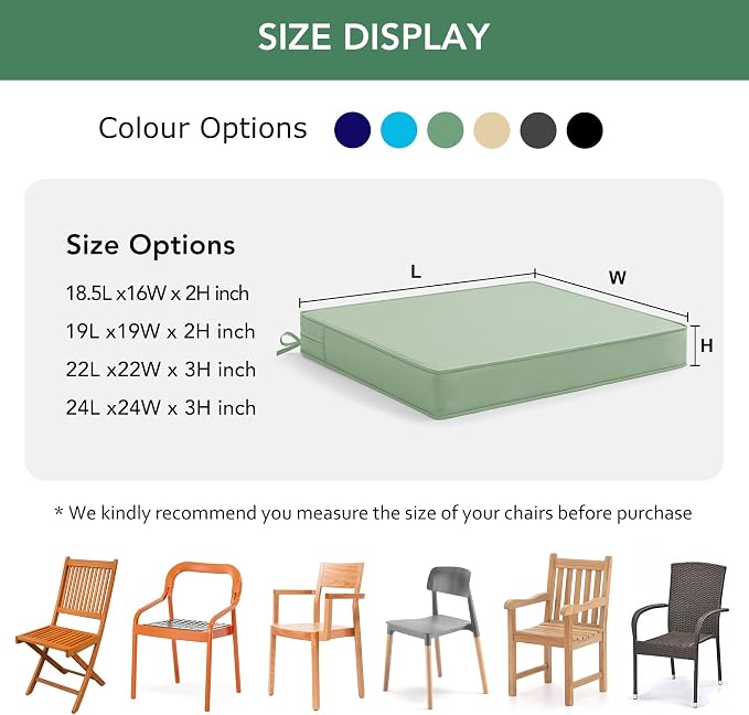 Outdoor Chair Cushions Set of 6: Waterproof & Fade Resistant Seat Cushion for Patio Furniture - 19 x 19 x 2 Inch Chair Pads with Ties and Hidden Zipper - Patio Chair Cushion Replacement, Sage Green