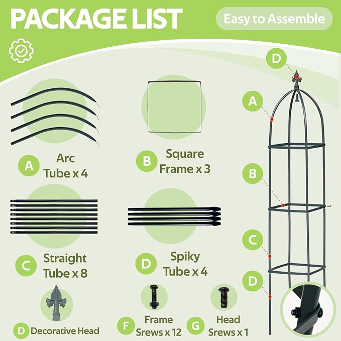 100% Metal Obelisk Trellis for Climbing Plants Outdoor & Indoor - 63" Tall Rustproof Metal Garden Trellis for Clematis Cucumber Vines - Square Plant Support Rose Trellis for Pots Flowers Fruits Green