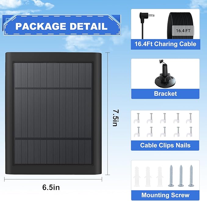 Solar Panel for Camera 5W Solar Charger Compatible with Ring Spotlight &Stick Up Outdoor Cam Battery, 16.4ft Long Cable with Barrel Plug Adapter to USB-C/Micro USB (Black, 1 Pack)
