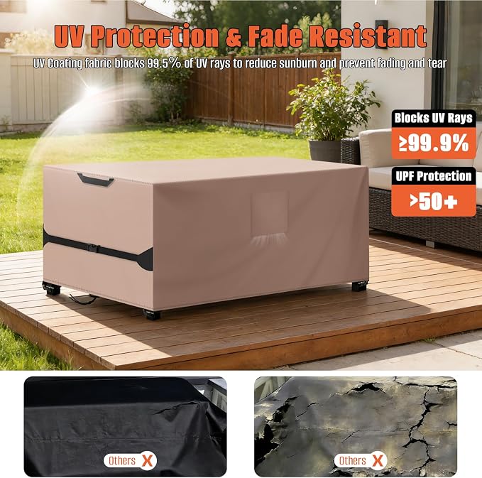 Rectangular Patio Table Cover, 96"Lx48"Wx28"H, 600D Waterproof, Khaki | Kovshuiwe Garden Furniture Covers for Shade and Rain Protection Fits Outdoor Dining Table and Chairs Furniture