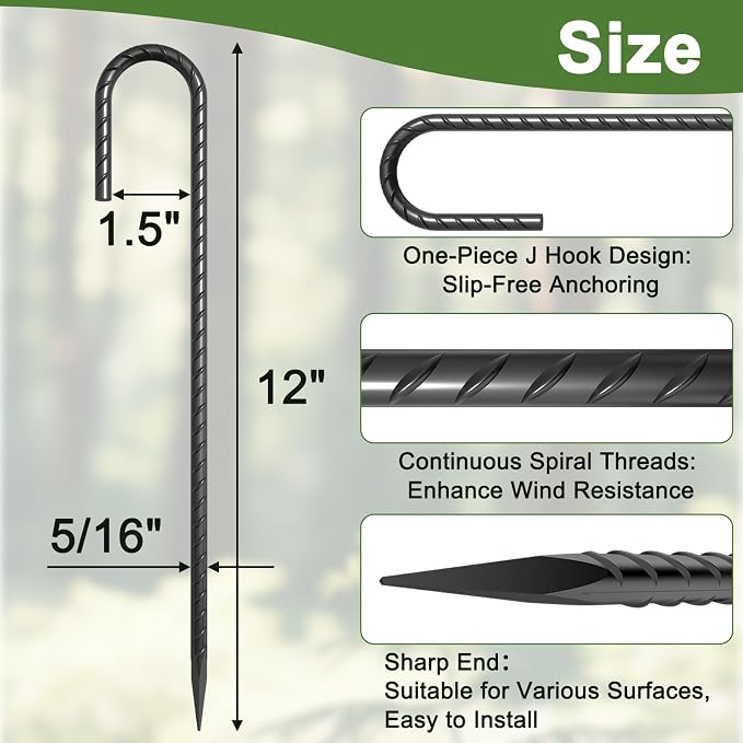 Heavy Duty J Hook Rebar Stakes 12 Inch 16 Pack, High Wind Resistance Metal Tent Stakes, Anti-Rust Galvanized Steel Ground Fence Stake for Securing Fence Bottom, Canopy, Inflatables, Yard Decor
