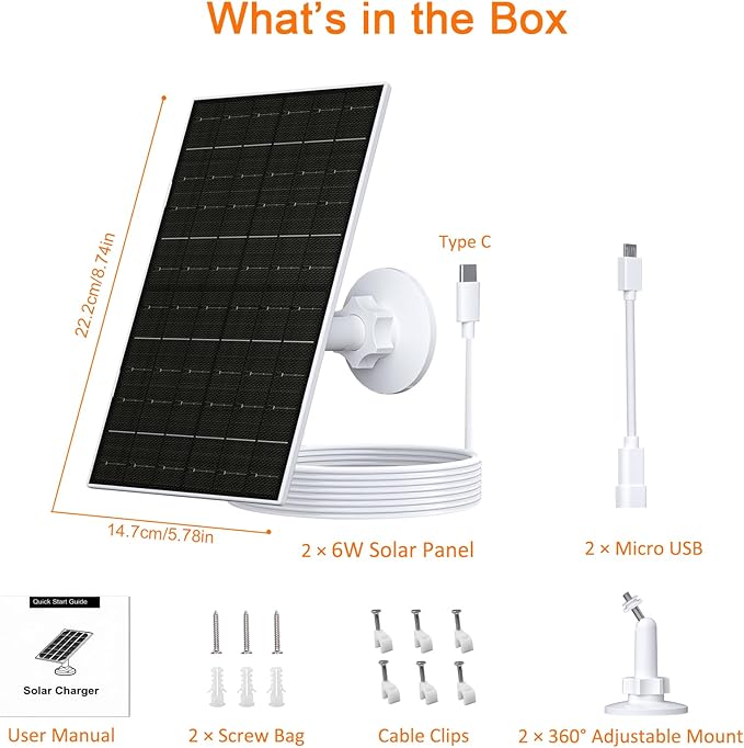 FUTUREZEN 6W Solar Panel for Arlo Camera, 5V USB/Type-C Solar Charger Compatible with Arlo Essential 2K (2nd Gen), Essential XL & Spotlight Cameras, 9.8ft Cable, Waterproof, Adjustable Mount, 2 Pack